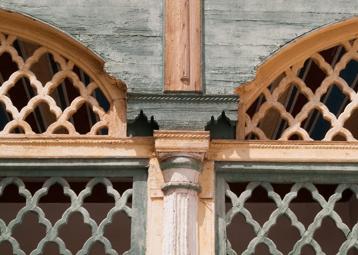 Carved architectural details in the grand courtyard of the Bahia Palace, Marrakech.