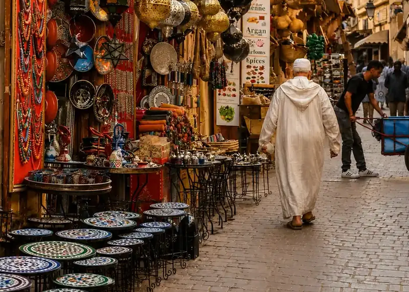 A djellaba within the movement of a commercial lane in Fez.