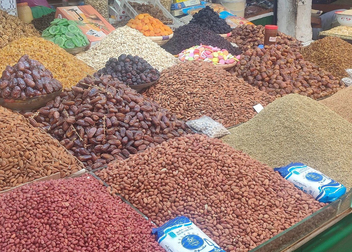 Dried foods displayed at Souk Jmiaa in Casablanca.