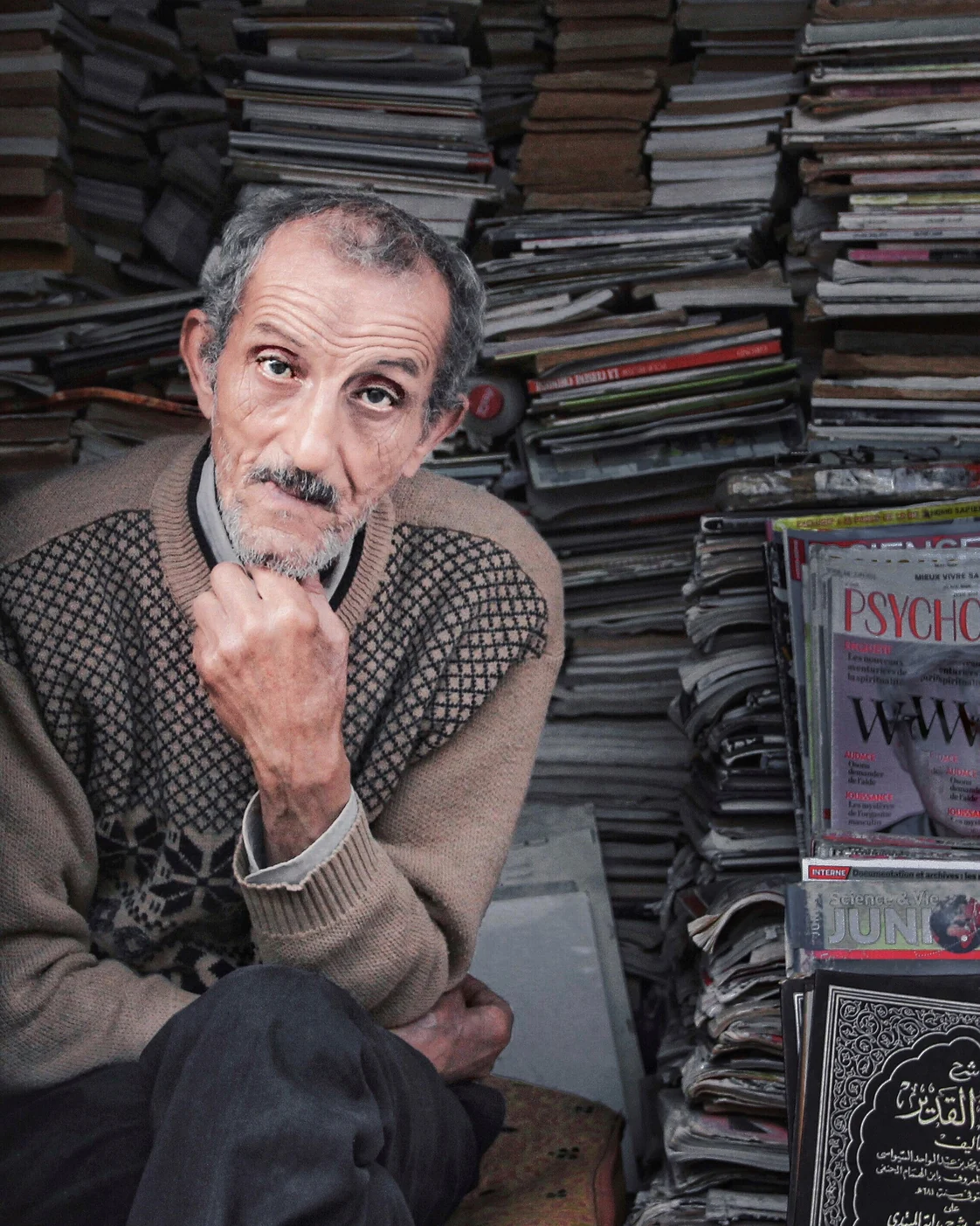 El Abdi, a second-hand bookseller photographed in Rabat.