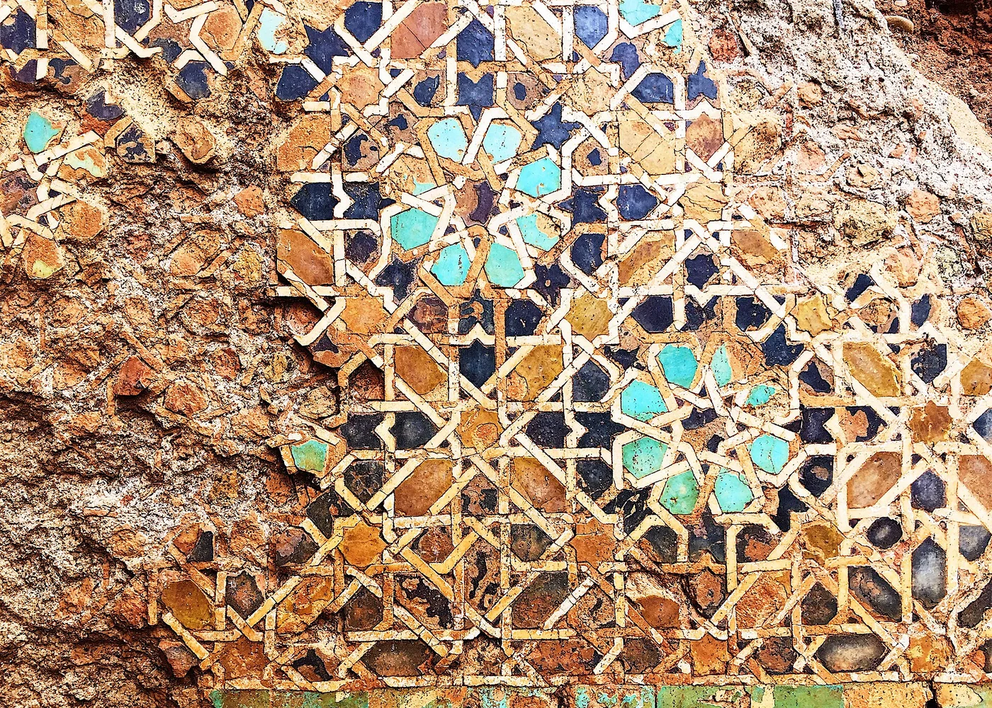 Surviving zellige at the Marinid mosque at Chellah, photographed in 2017.