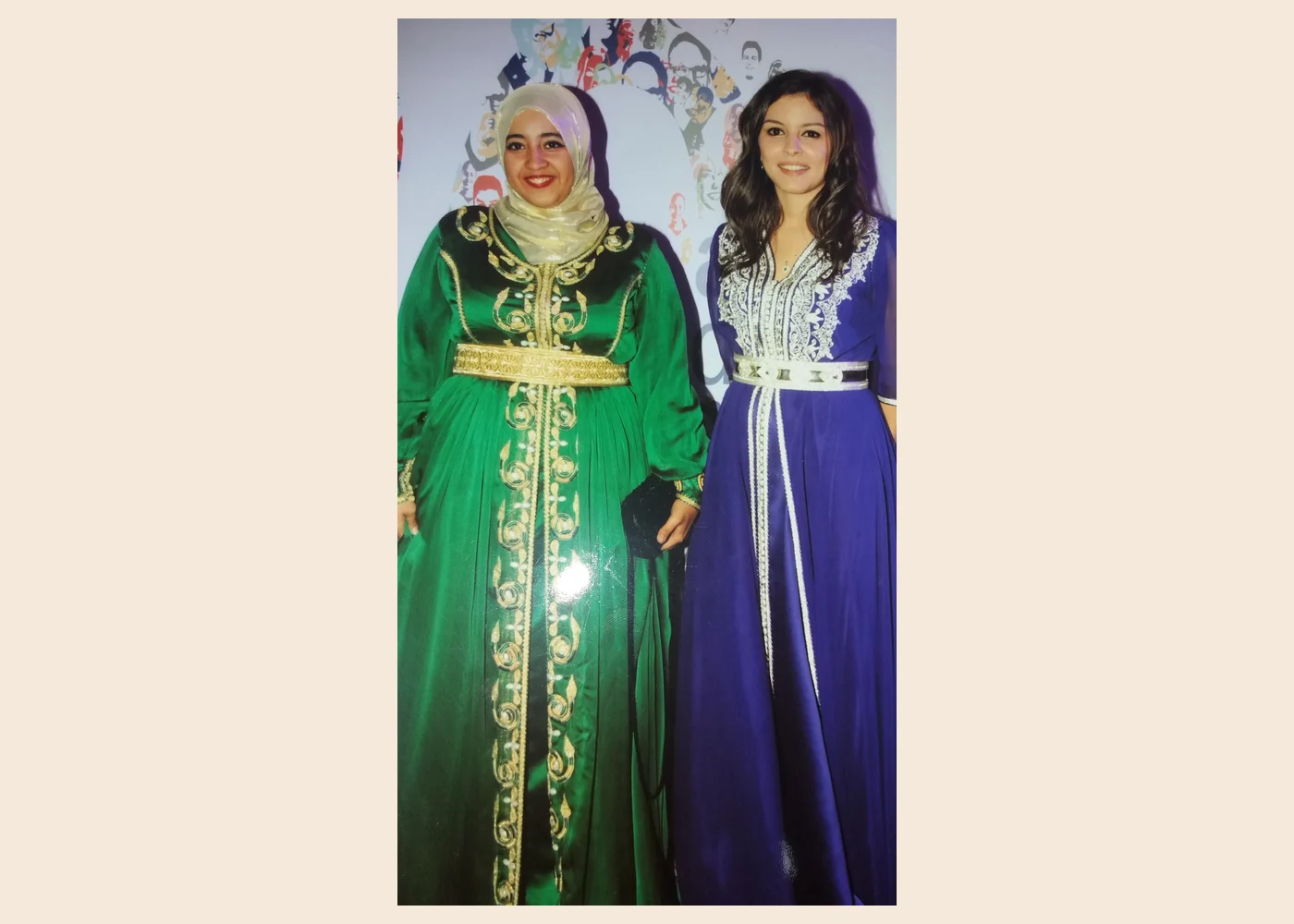 Two caftans photographed in Morocco; the image records particular garments, not a universal dress code.