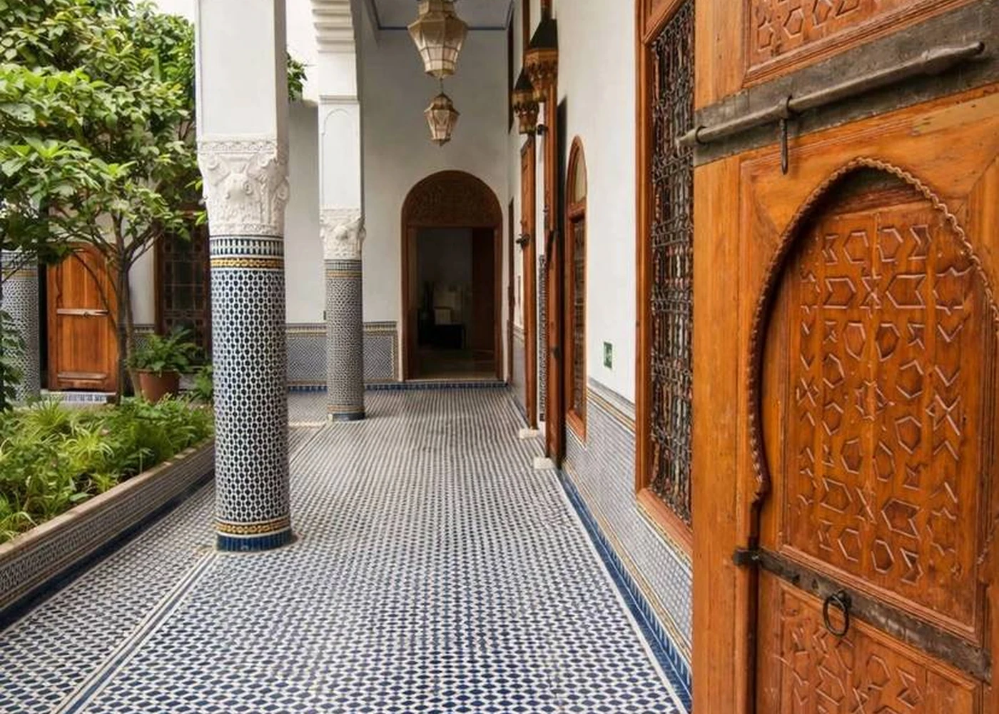 A sheltered corridor leading between interior spaces.