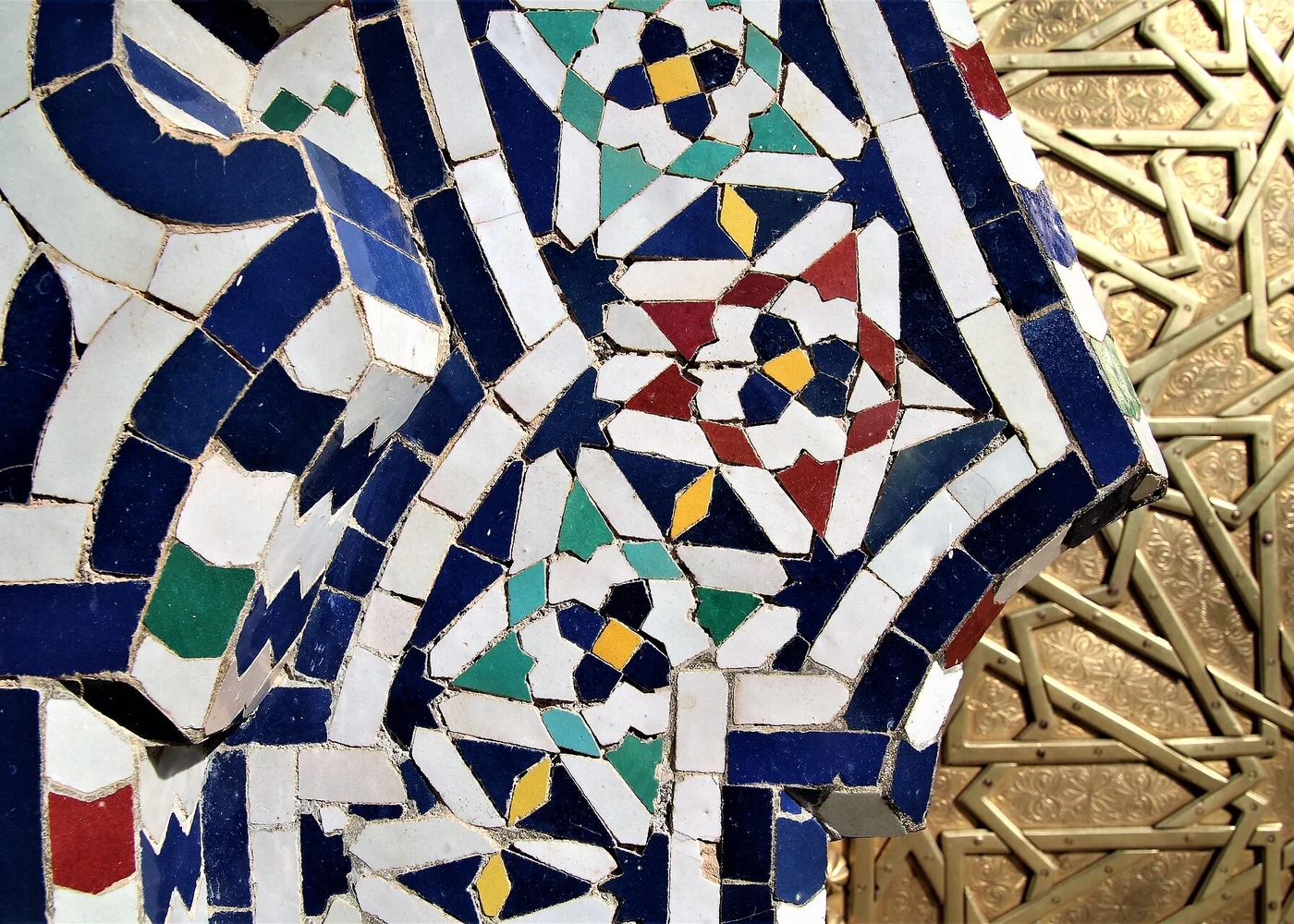 A close view of cut ceramic pieces photographed in Fez.