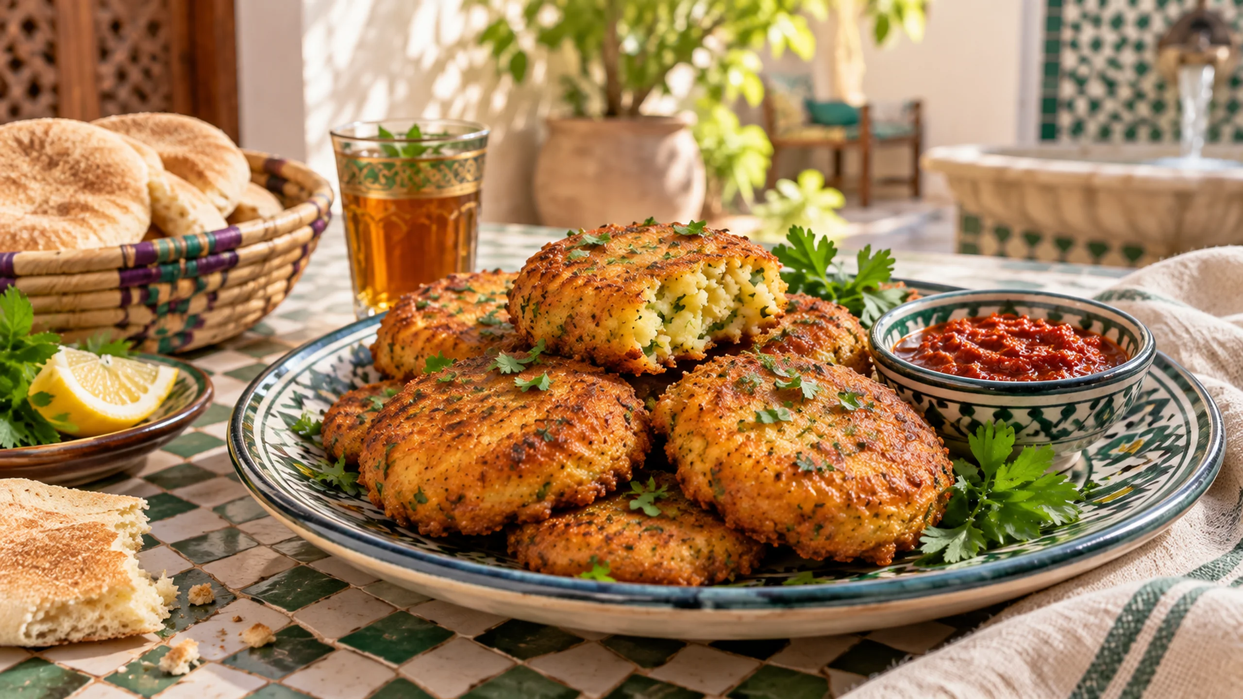 Golden Moroccan maakouda on patterned ceramics in a bright courtyard setting