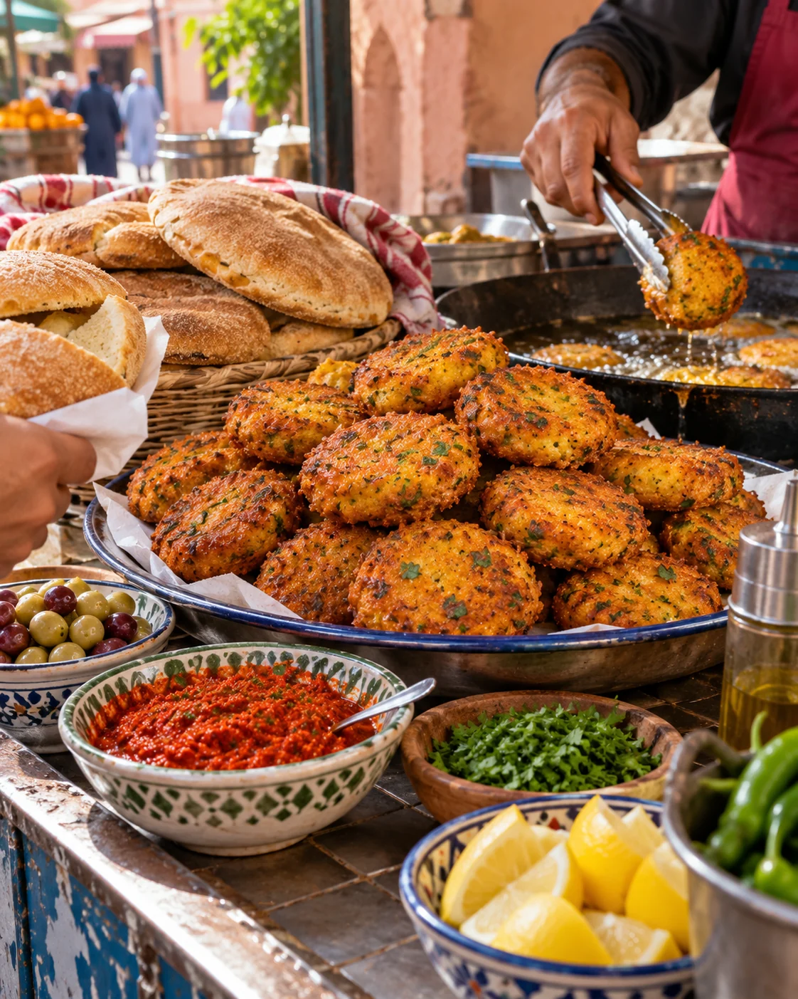 Maakouda piled at a Moroccan street-food counter with bread and condiments