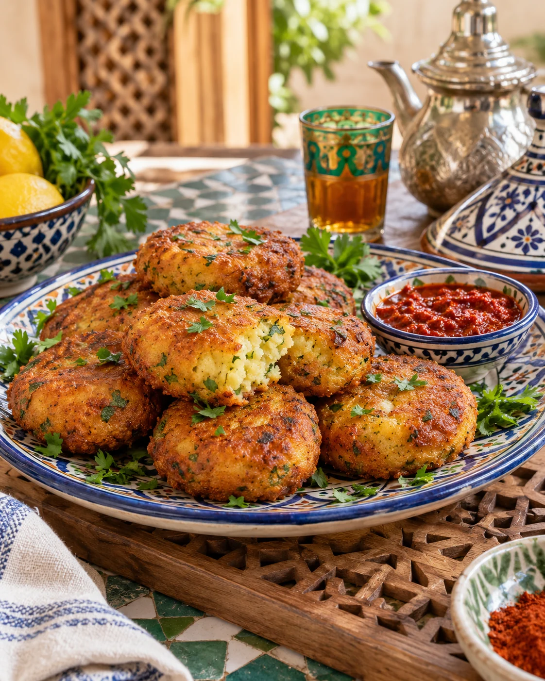 Golden Moroccan maakouda with visible herbs on a patterned plate