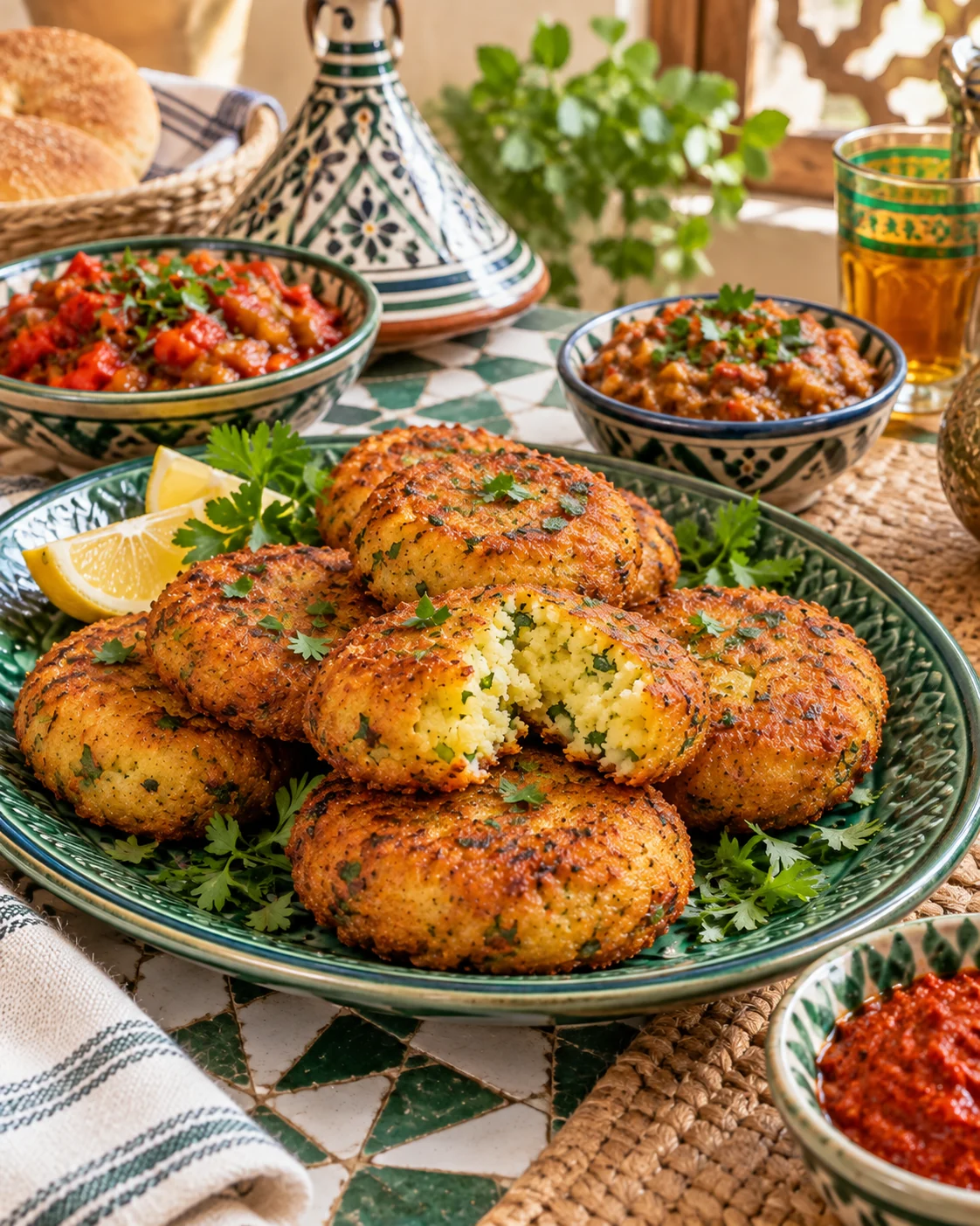 Maakouda served with Moroccan small dishes on patterned ceramics
