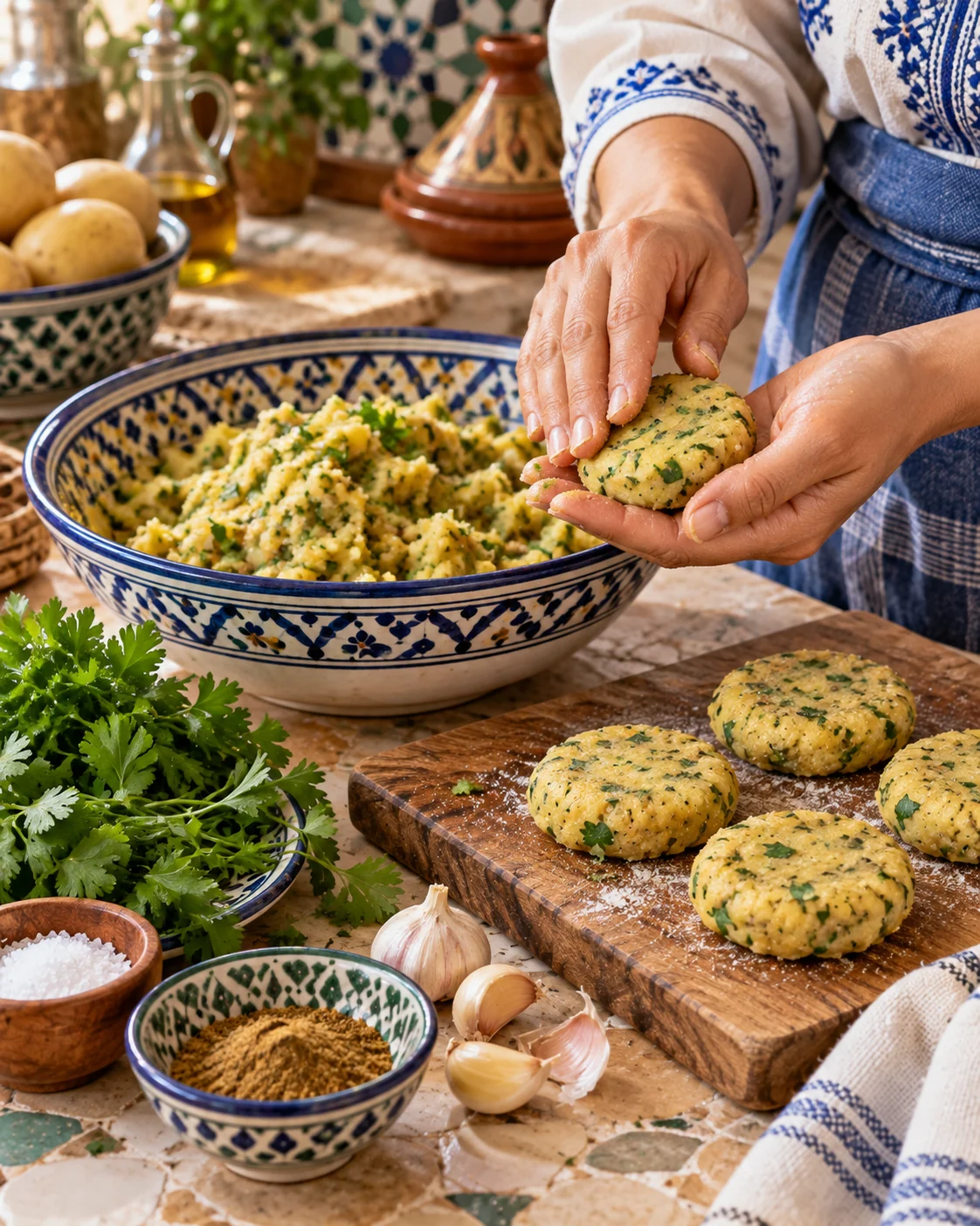 Hands shaping seasoned potato mixture into flat maakouda patties