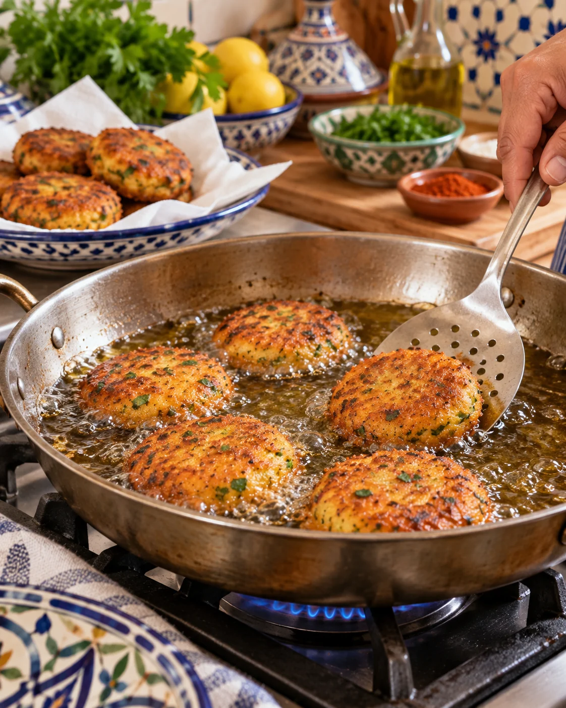 Maakouda frying in a wide pan of hot oil
