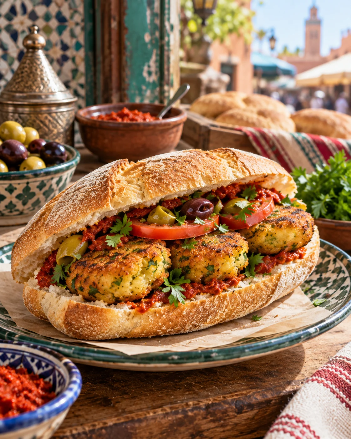 Moroccan maakouda sandwich in crusty bread with tomato, olives, herbs and chilli sauce