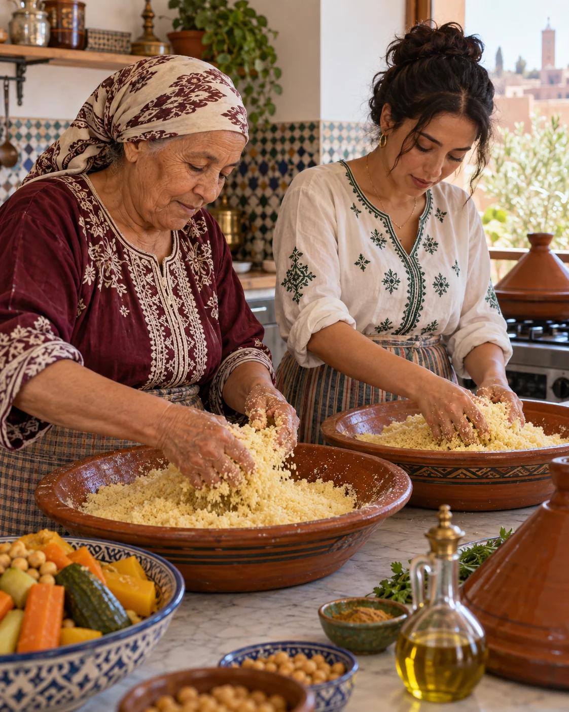 Hands teaching couscous preparation in a Moroccan kitchen