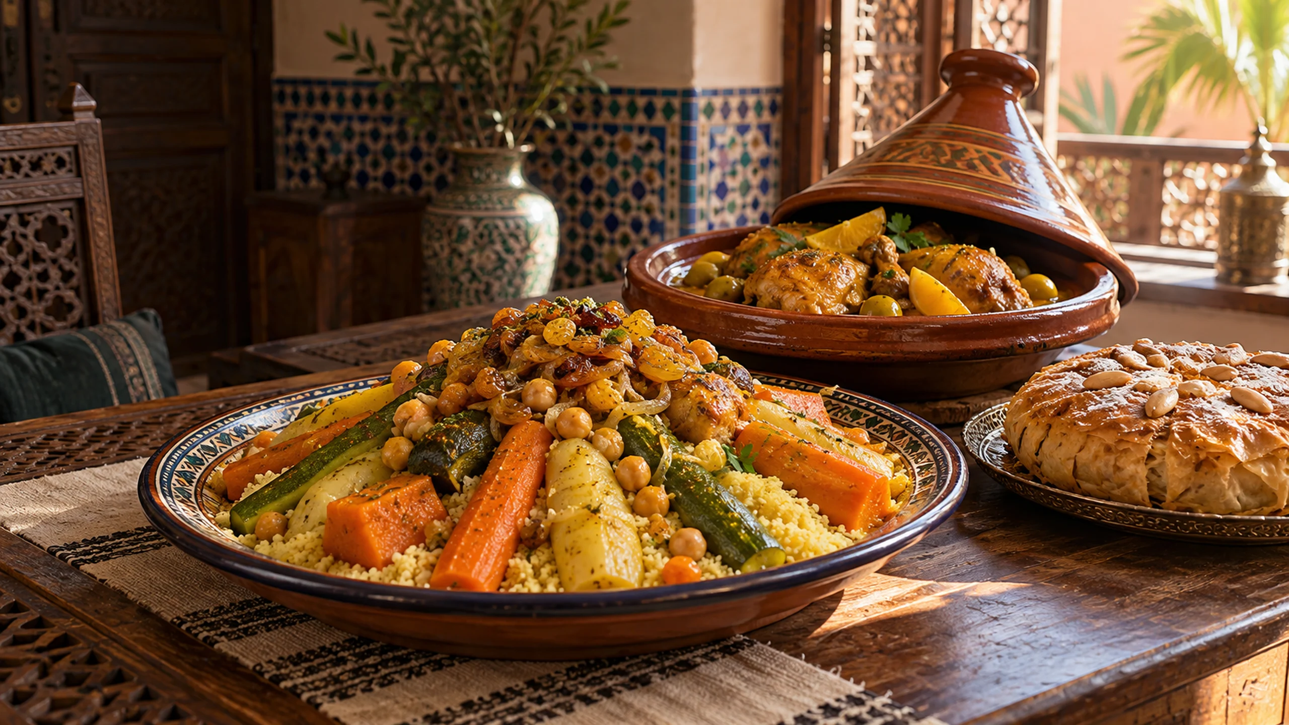 A Moroccan main-dishes table with couscous, chicken tagine and pastilla