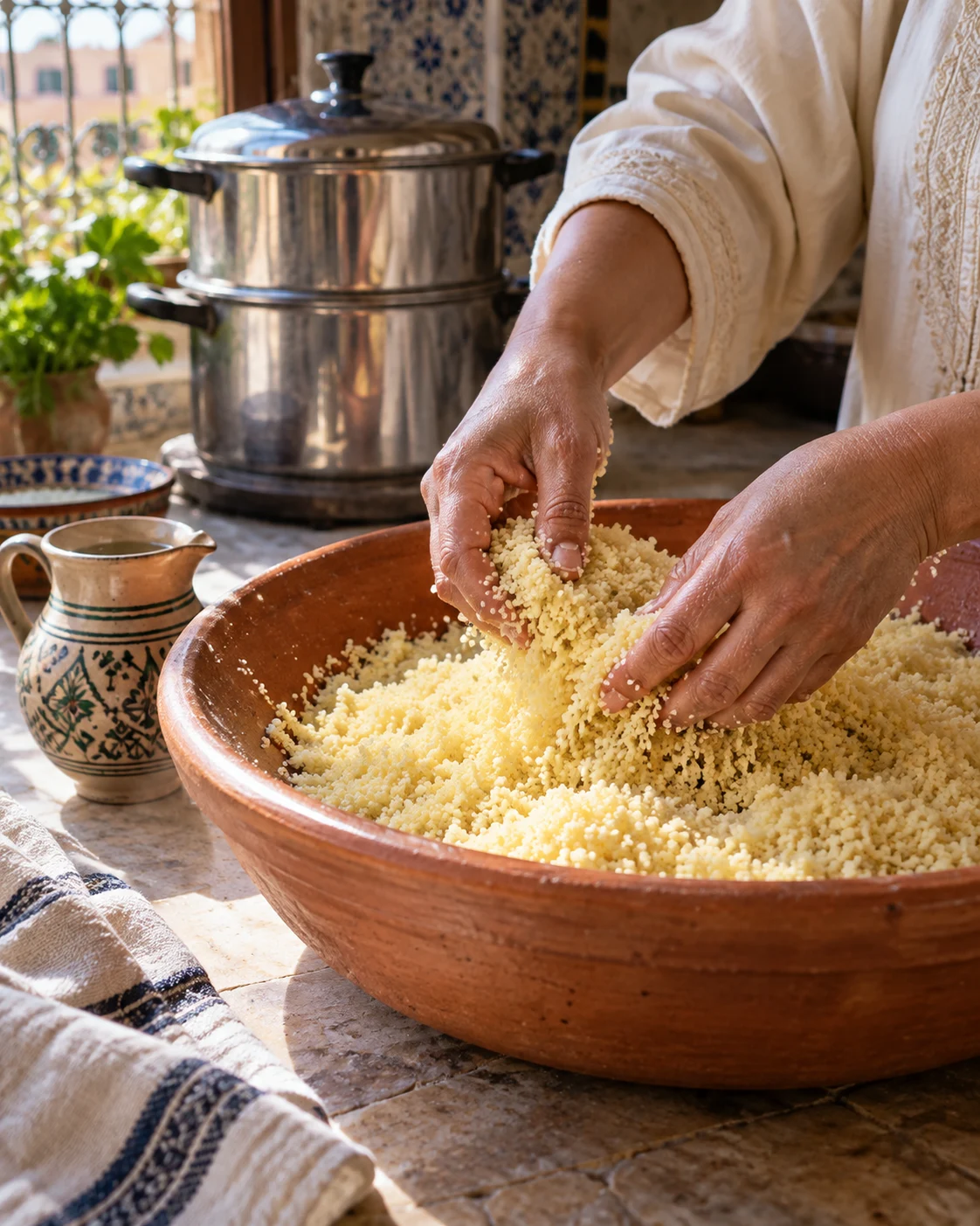 Hands preparing couscous grains in a terracotta bowl