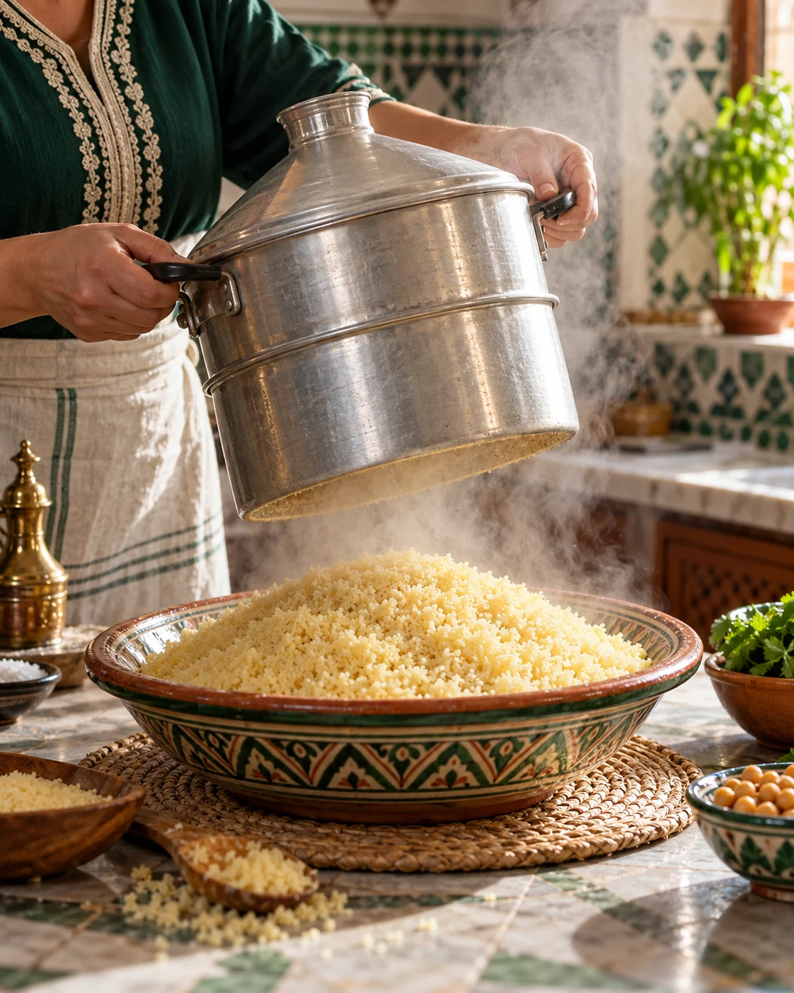 Hands lifting a couscous steamer above separated semolina grains