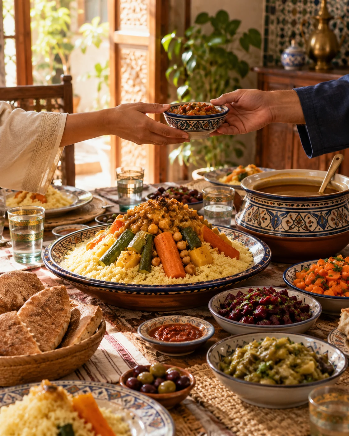 Shared Moroccan lunch table with steaming vegetable couscous