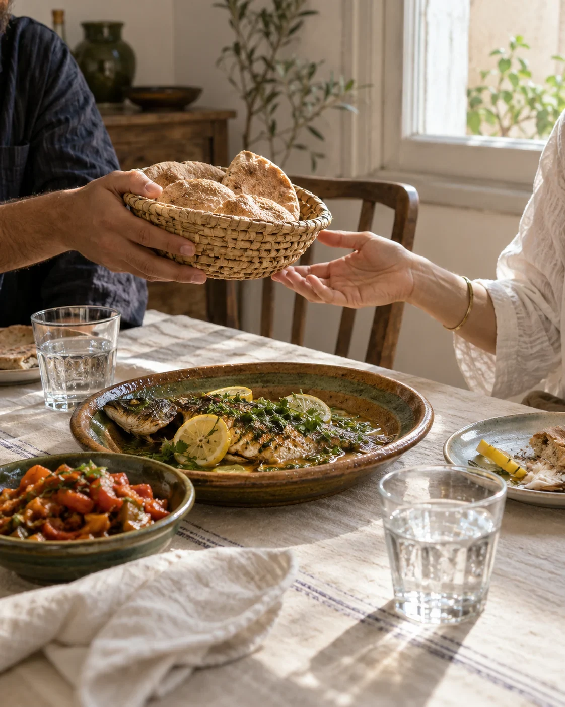 Bread being passed across a Moroccan home lunch table with fish and cooked salad