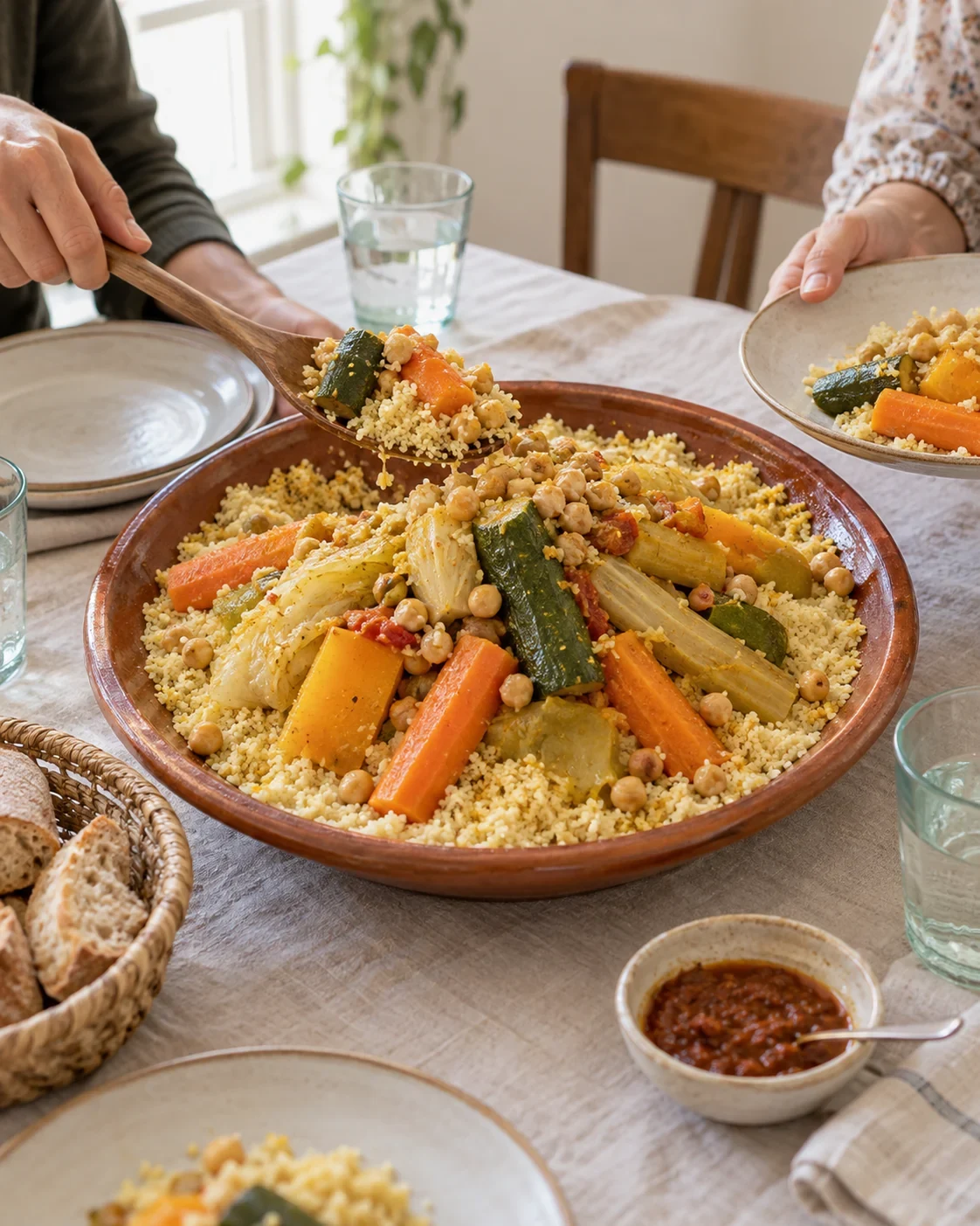 Couscous and vegetables being served at a Moroccan Friday lunch