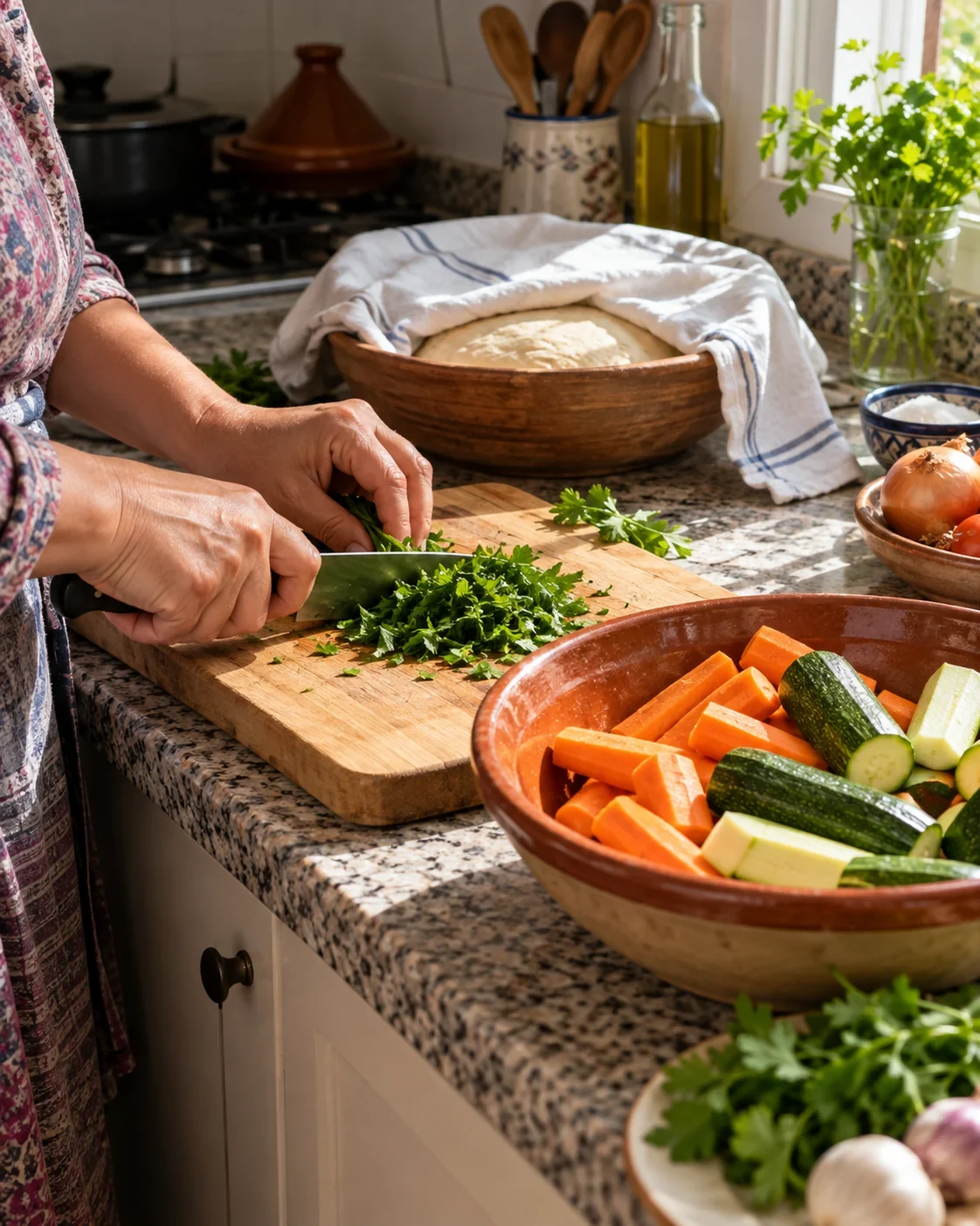 A home cook chops herbs beside prepared vegetables and bread dough