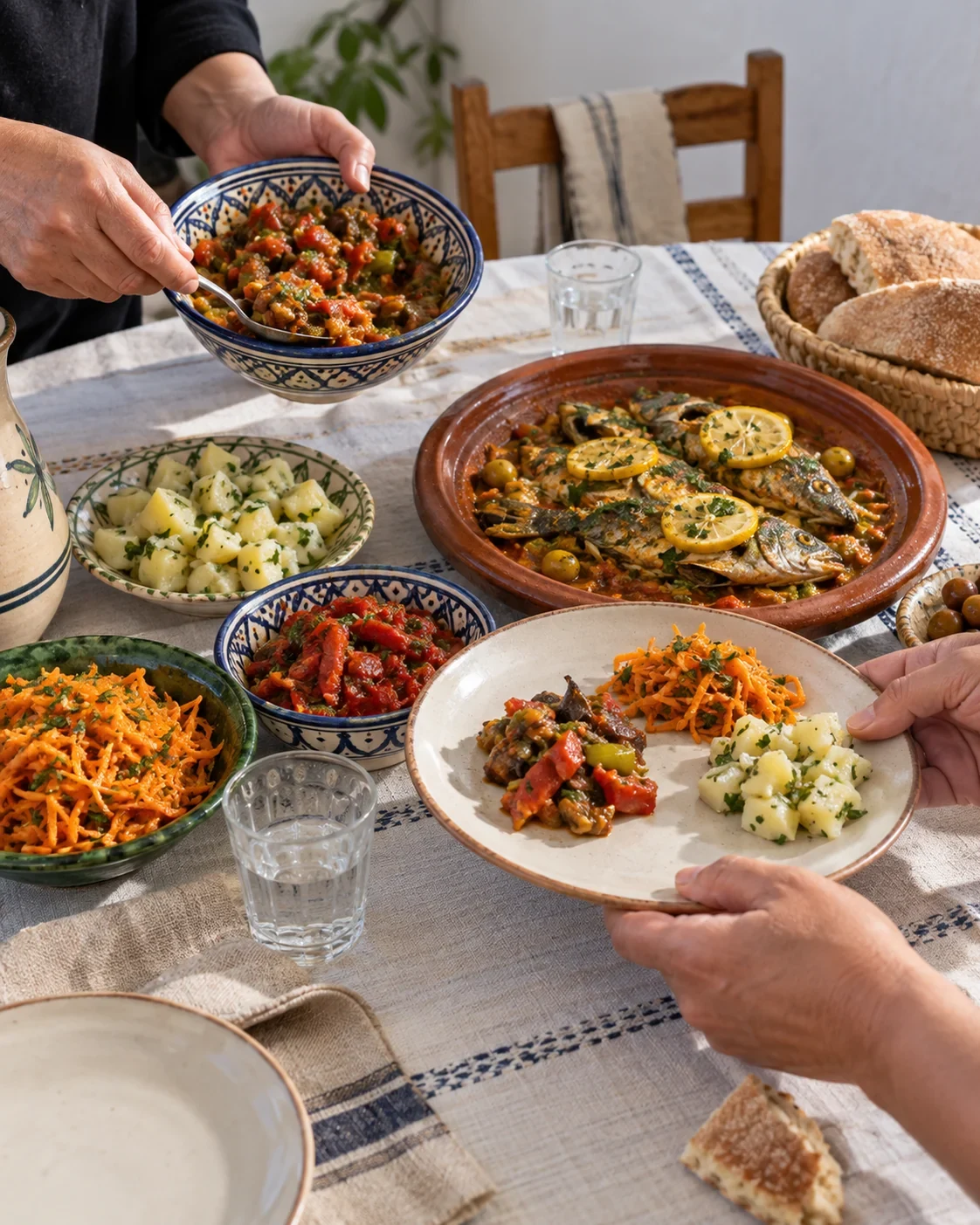 Hands share fish and cooked salads at a Moroccan home table