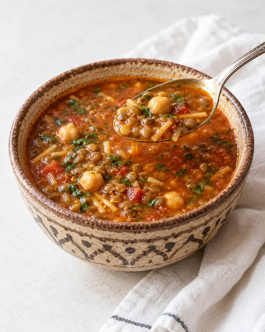 Spoonful of Moroccan harira with lentils and chickpeas