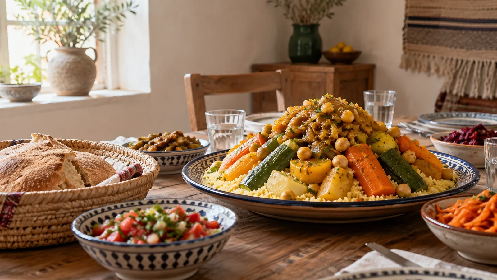 Vegetable couscous, bread and salads on a bright Moroccan home lunch table