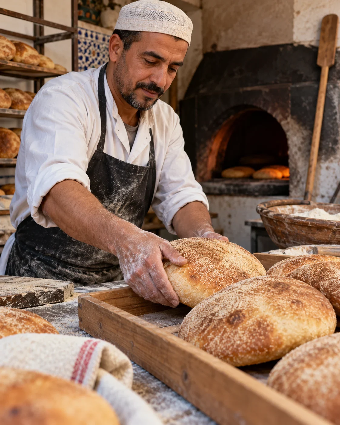 Baker handles round khobz loaves in a neighborhood bakery