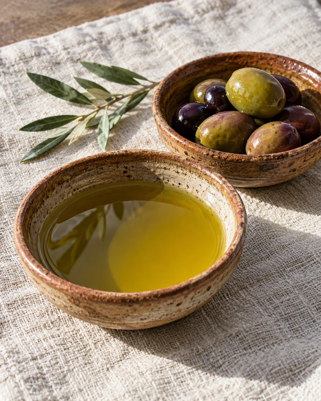 Bowls of olive oil and olives