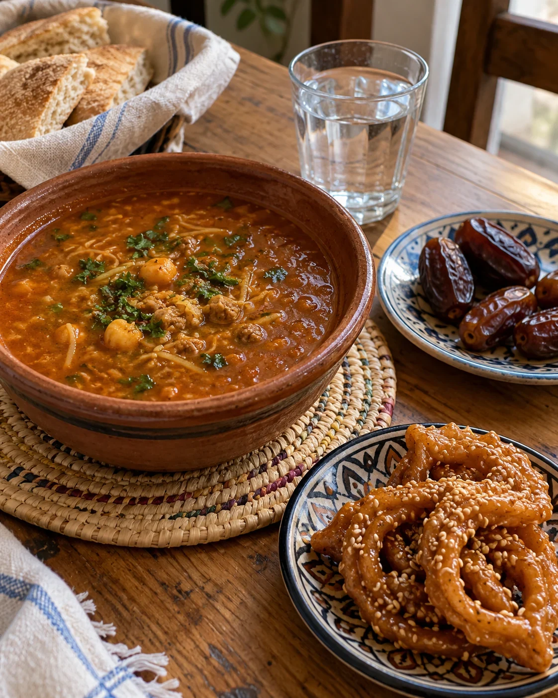 Harira, dates and chebakia set for a Moroccan Ramadan iftar
