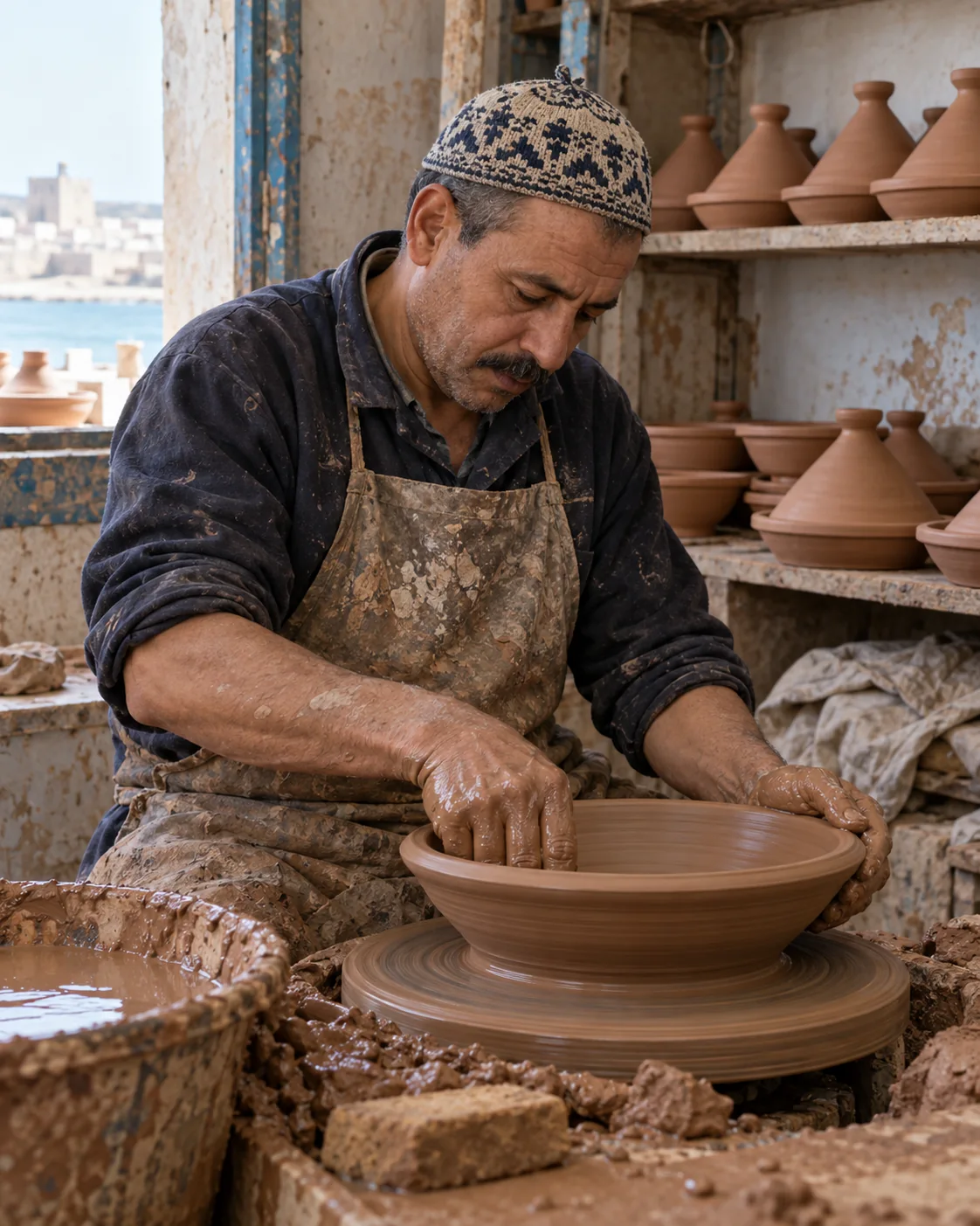 A potter shaping an earthenware cooking vessel by hand