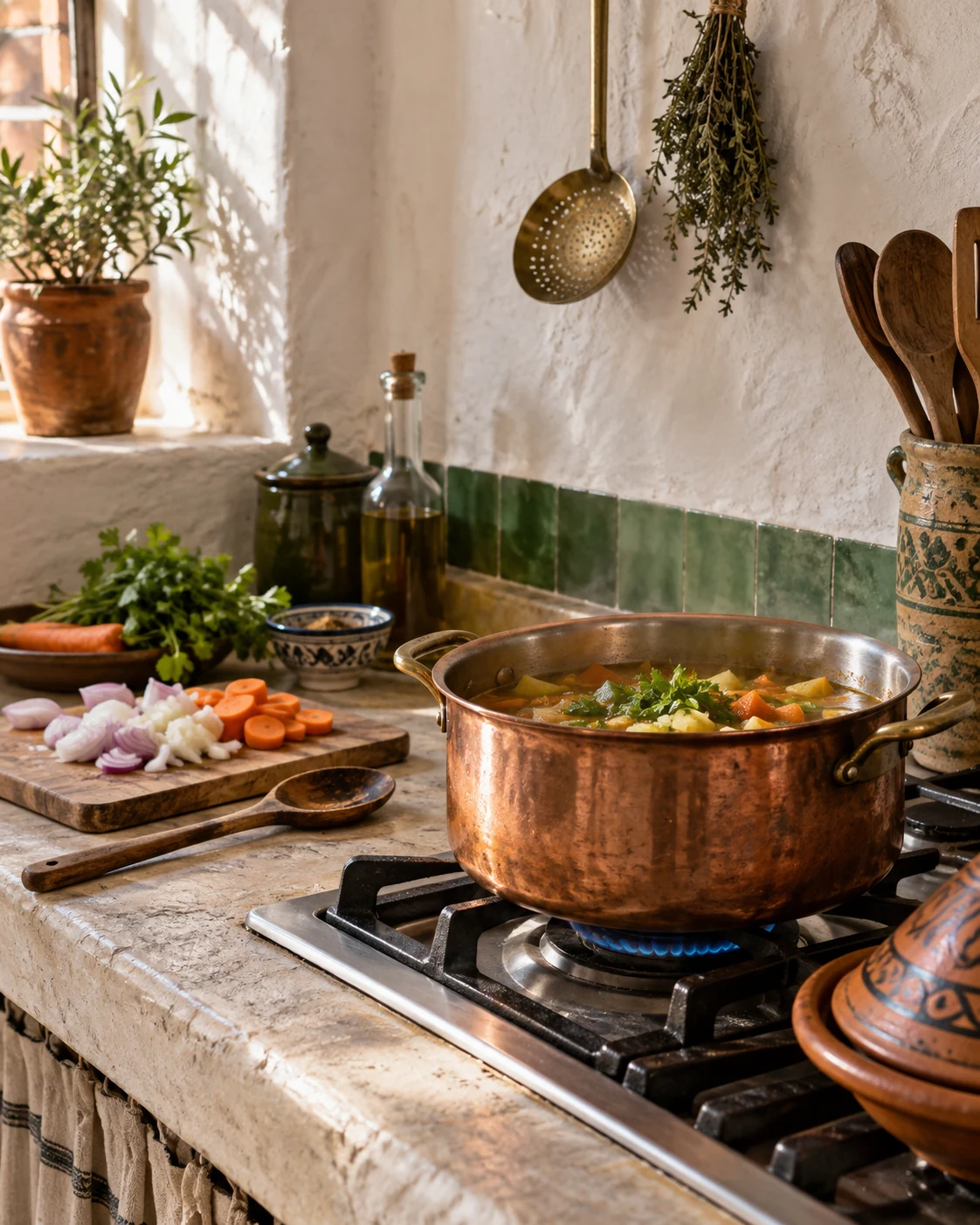Vegetables simmering in a metal cooking pot