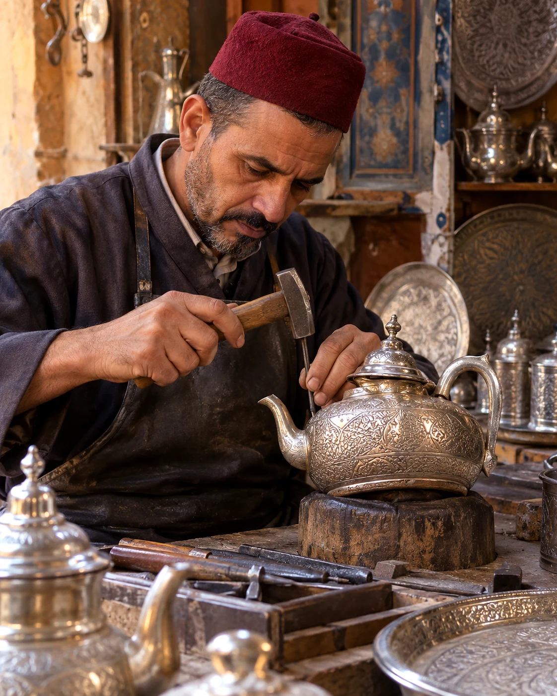 Brass lanterns, metalware and mosaic tables at a Moroccan craft market