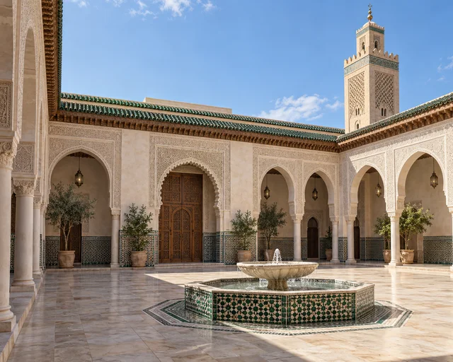 Conceptual Moroccan courtyard; an editorial illustration for Berrechid, not a photograph of a local mosque.