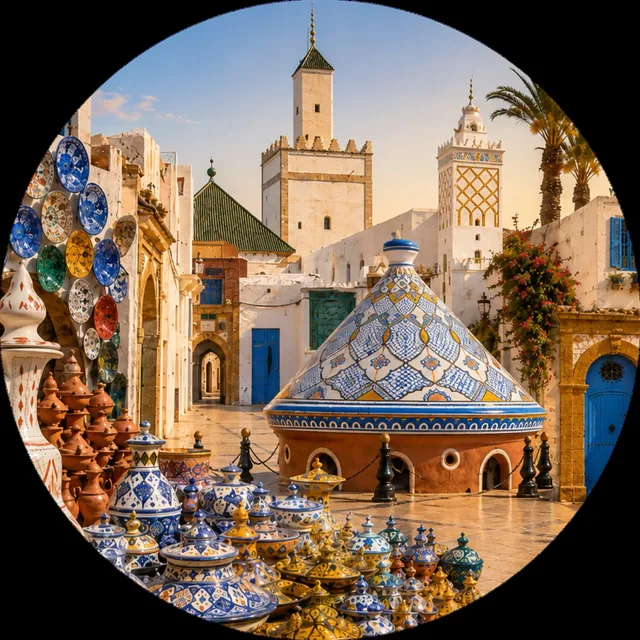 Moroccan city medina with ceramics, minarets and blue doors