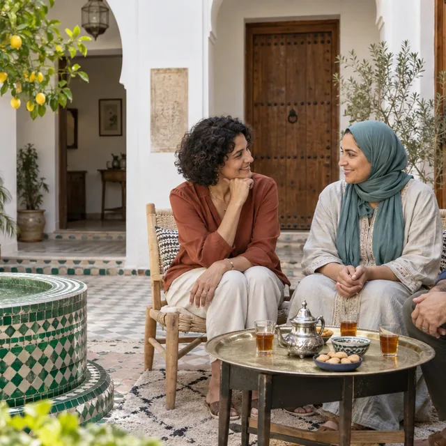 Three adults sharing a conversation in a Moroccan courtyard.