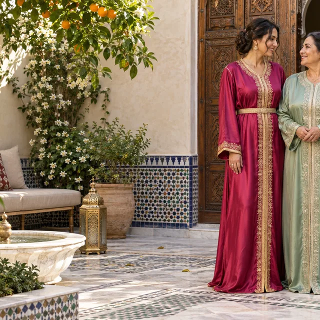 Two women in raspberry and jade Moroccan caftans in a sunlit courtyard