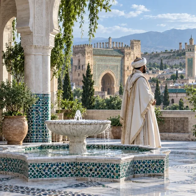 Editorial evocation of a Moroccan court: an anonymous sultan beside a fountain, with architectural references to Meknès, Volubilis and Fez.