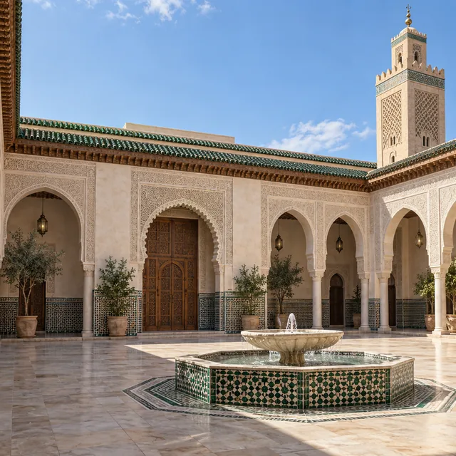 Conceptual Moroccan mosque courtyard; AI-generated illustration, not a named monument.