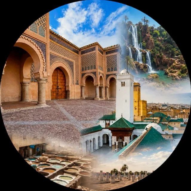 Morocco planning lens with medina landmarks, tanneries and waterfalls