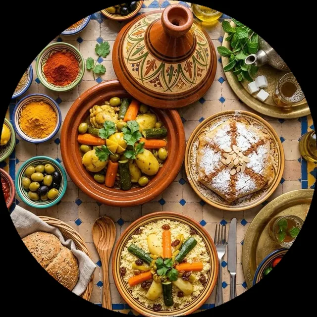 Moroccan cuisine table with tagine couscous spices tea and pastries