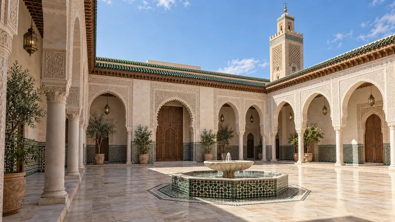 Conceptual Moroccan mosque courtyard; AI-generated editorial illustration, not a named monument.