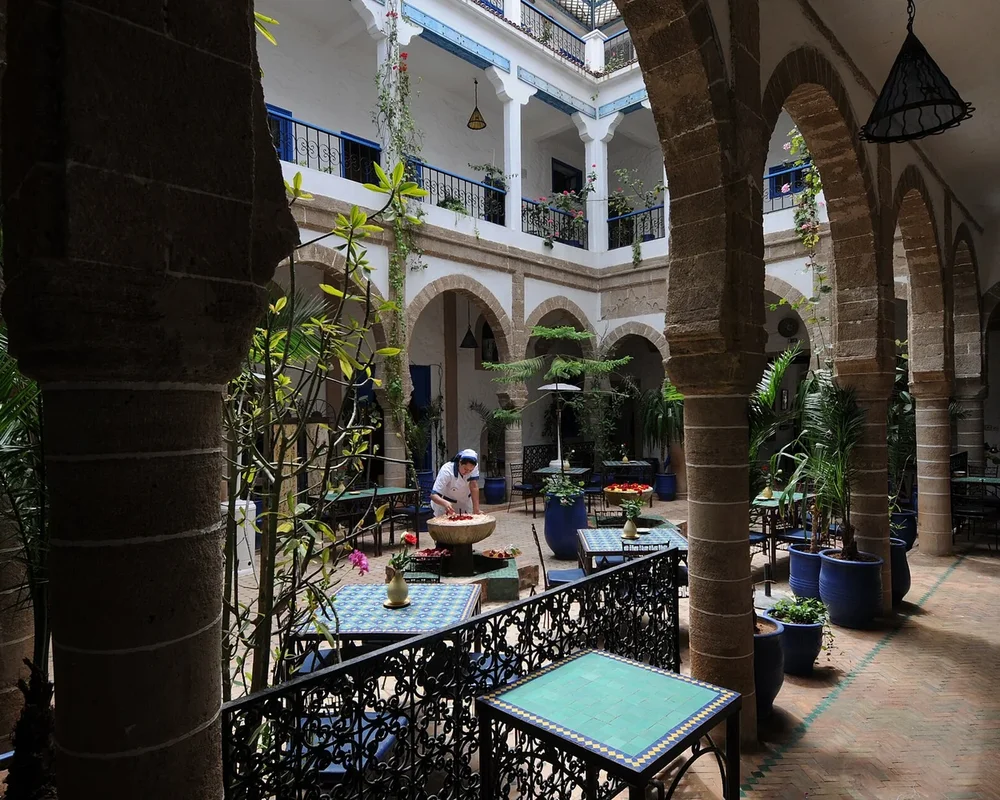 Courtyard and galleries of Riad du Figuier, Essaouira.