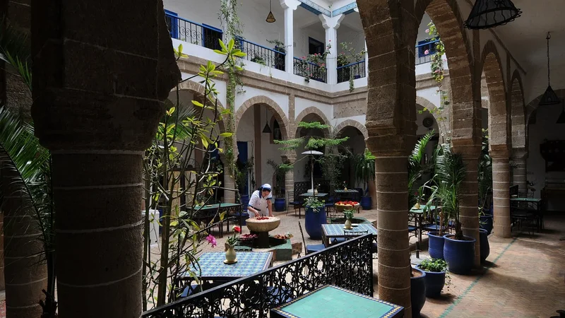 Courtyard and galleries of Riad du Figuier, Essaouira.