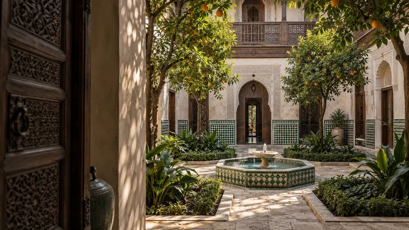 Conceptual Moroccan riad garden, fountain and inward-facing galleries; AI-generated illustration, not a named house.