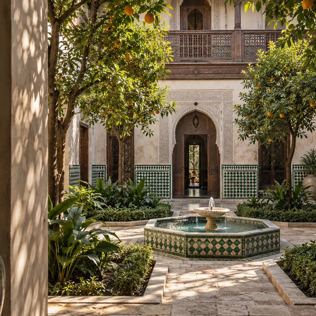 Conceptual Moroccan riad garden; AI-generated illustration, not a named house.