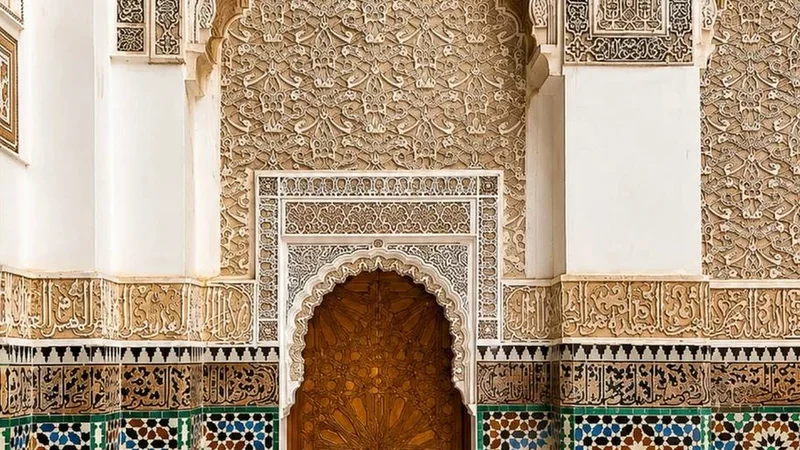 Carved plaster relief above a tiled lower wall; a craft comparison, not proof of a smooth tadelakt finish.