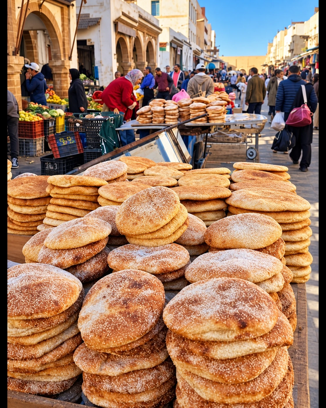Round Moroccan loaves stacked at a busy bread market