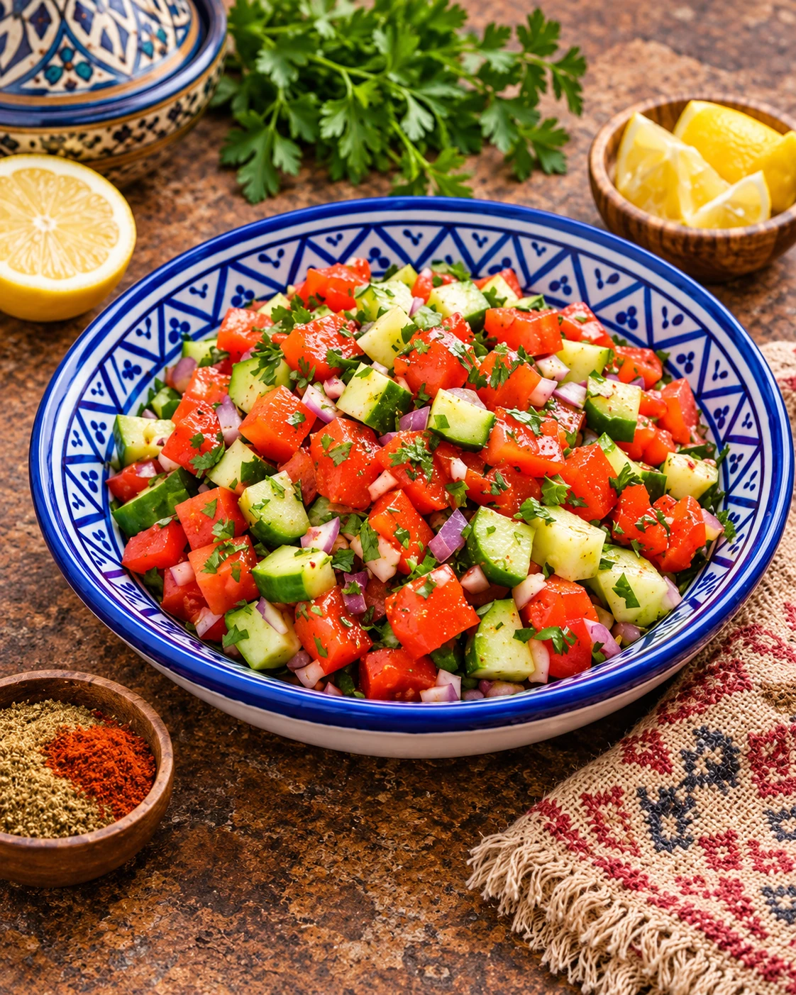 Fresh chopped tomato and cucumber salad with herbs