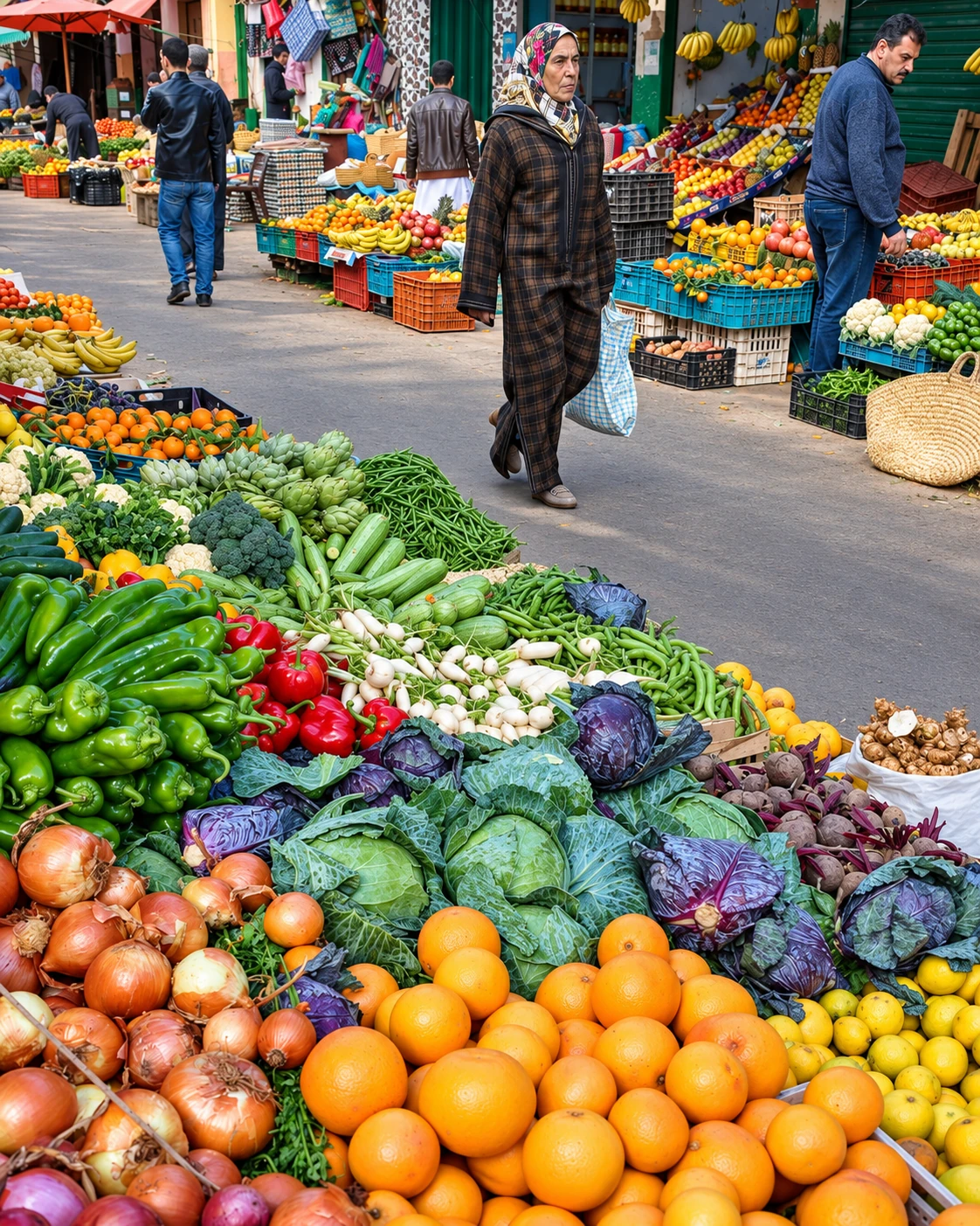 A colourful Moroccan produce market with vegetables in the foreground
