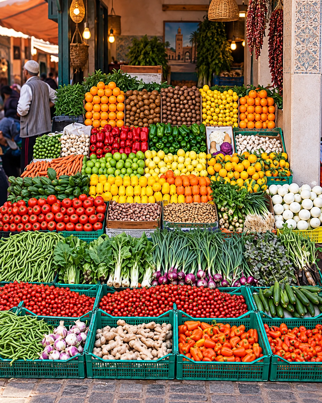 Ripe tomatoes and vegetables at a market stall